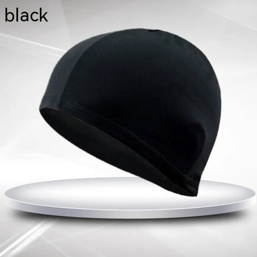 Black polyester cloth swimming cap for adult unisex use in pools
