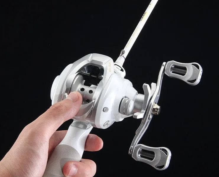 White micro bait casting fishing reel with adjustable wheel speed control mechanism