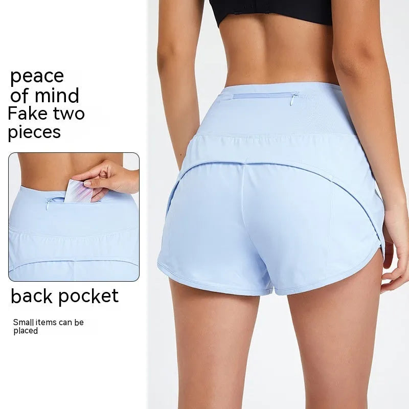 Nylon women's high-waist quick-drying fitness shorts in black, shown flat.