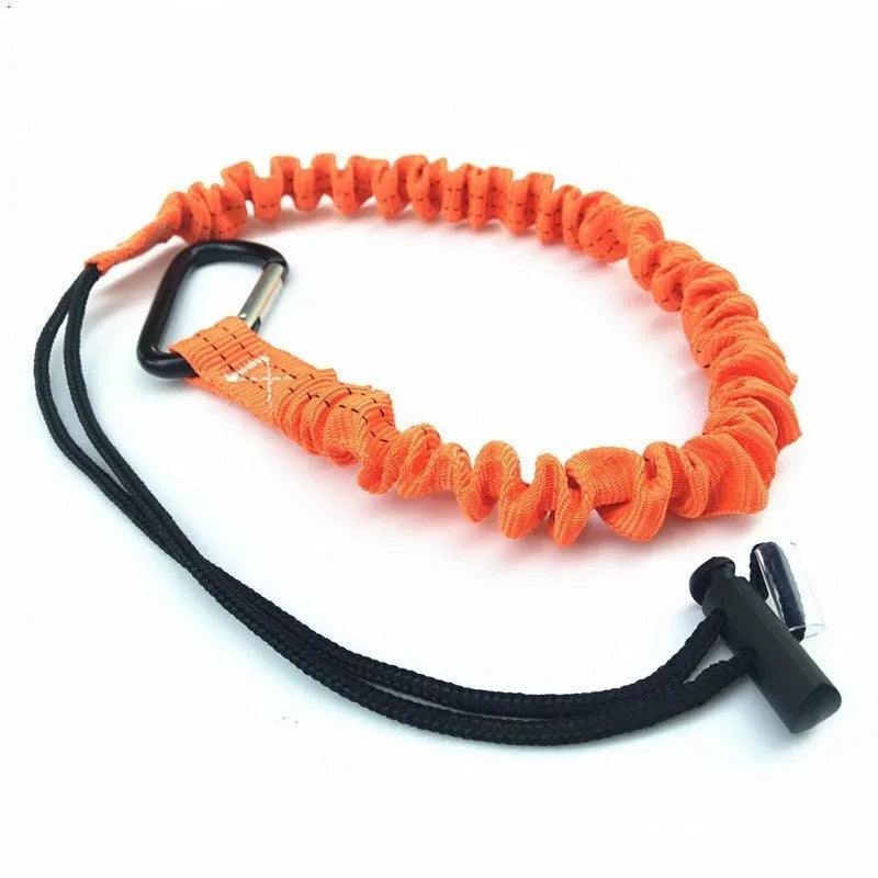 Orange fishing rod safety rope with connectors measuring 90cm length