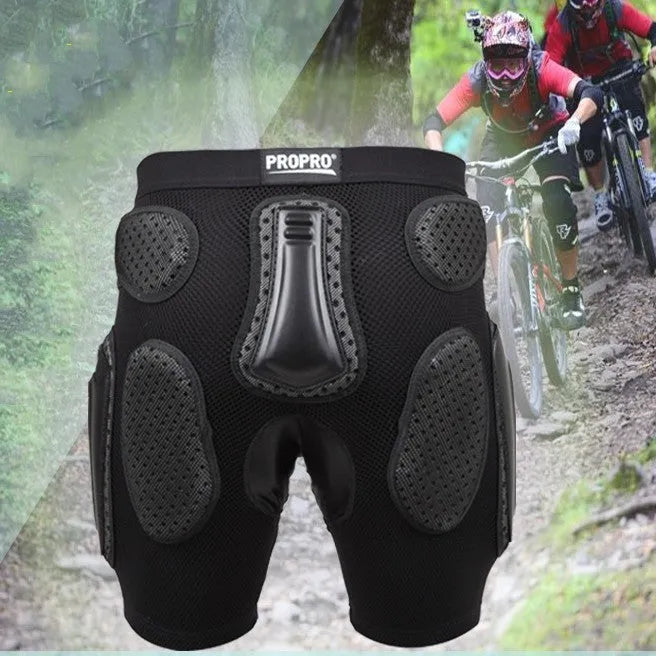 Black cycling hip protection pants with removable gel pads and adjustable leg length system