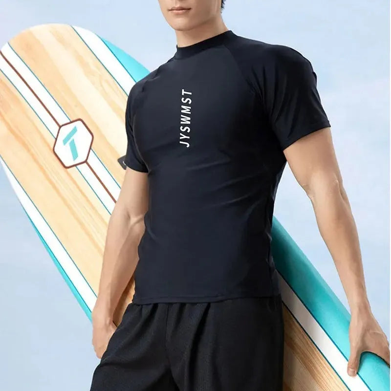 Men's patterned polyester swimsuit set with top and trousers on a mannequin