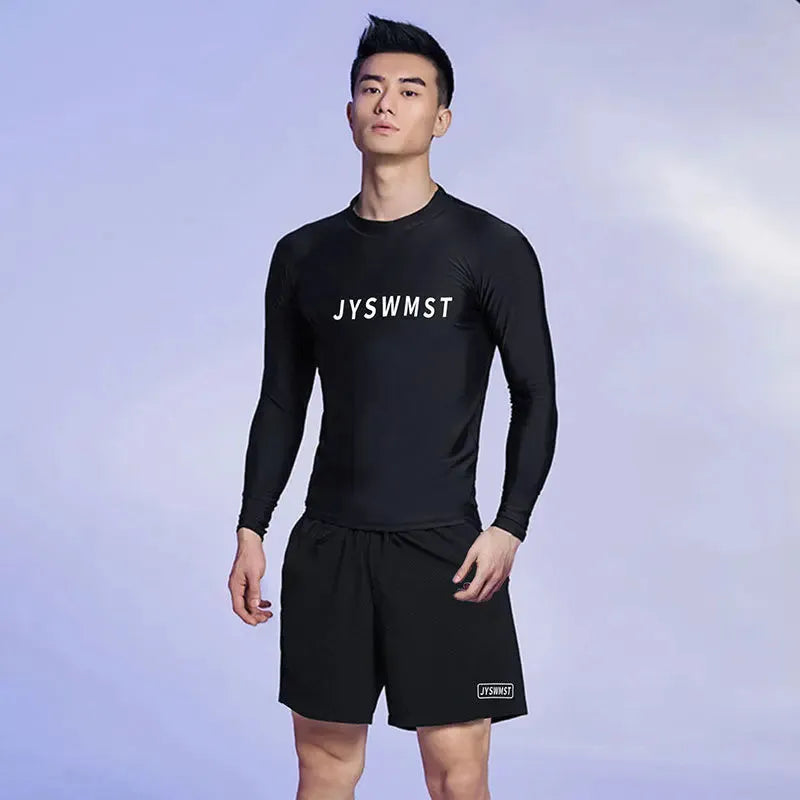 Men's patterned polyester swimsuit set with top and trousers on a mannequin