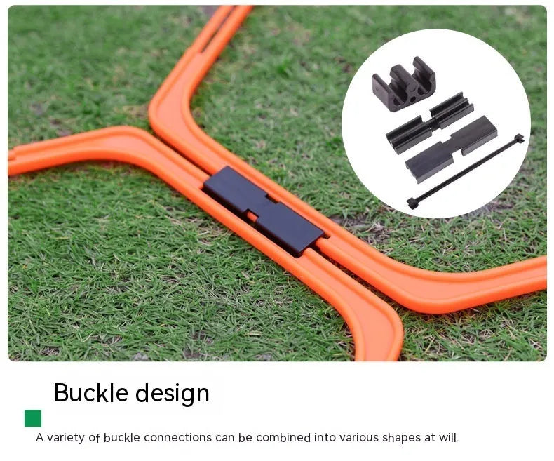 Six foldable hexagon football agility training rings in yellow, green, and orange colours laid out on grass.