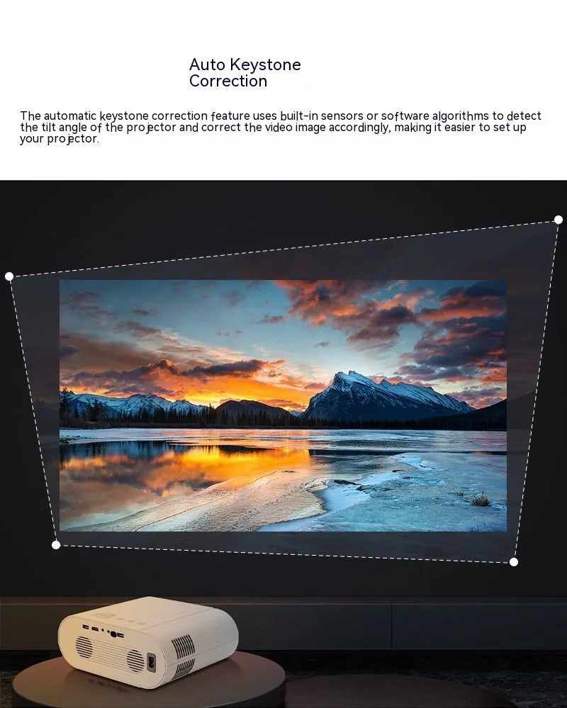 White Full HD smart projector with remote control on a wooden surface.
