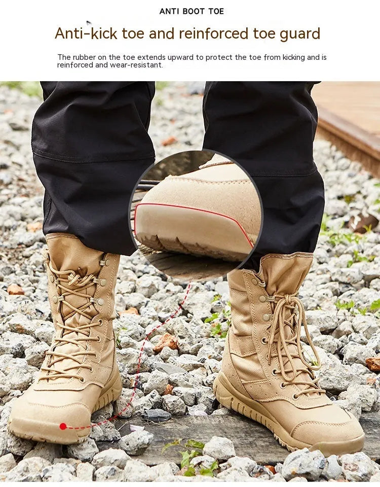 Yulong summer tactical desert combat boots in black and sand colours for outdoor climbing and hiking.