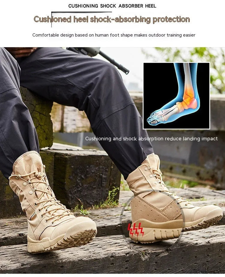 Yulong summer tactical desert combat boots in black and sand colours for outdoor climbing and hiking.