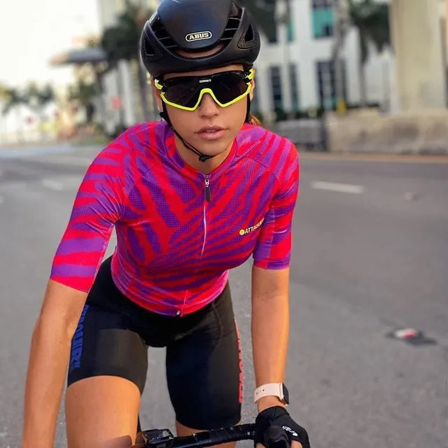 Attaquer womens cycling jersey and bib shorts set with Kaleidoscope design in multiple colour options