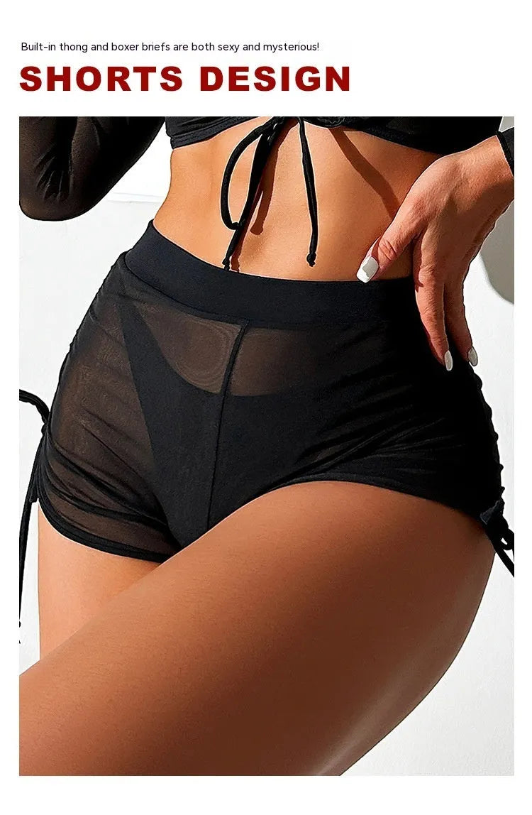 Women's black mesh four-piece swimsuit bikini set with long sleeves
