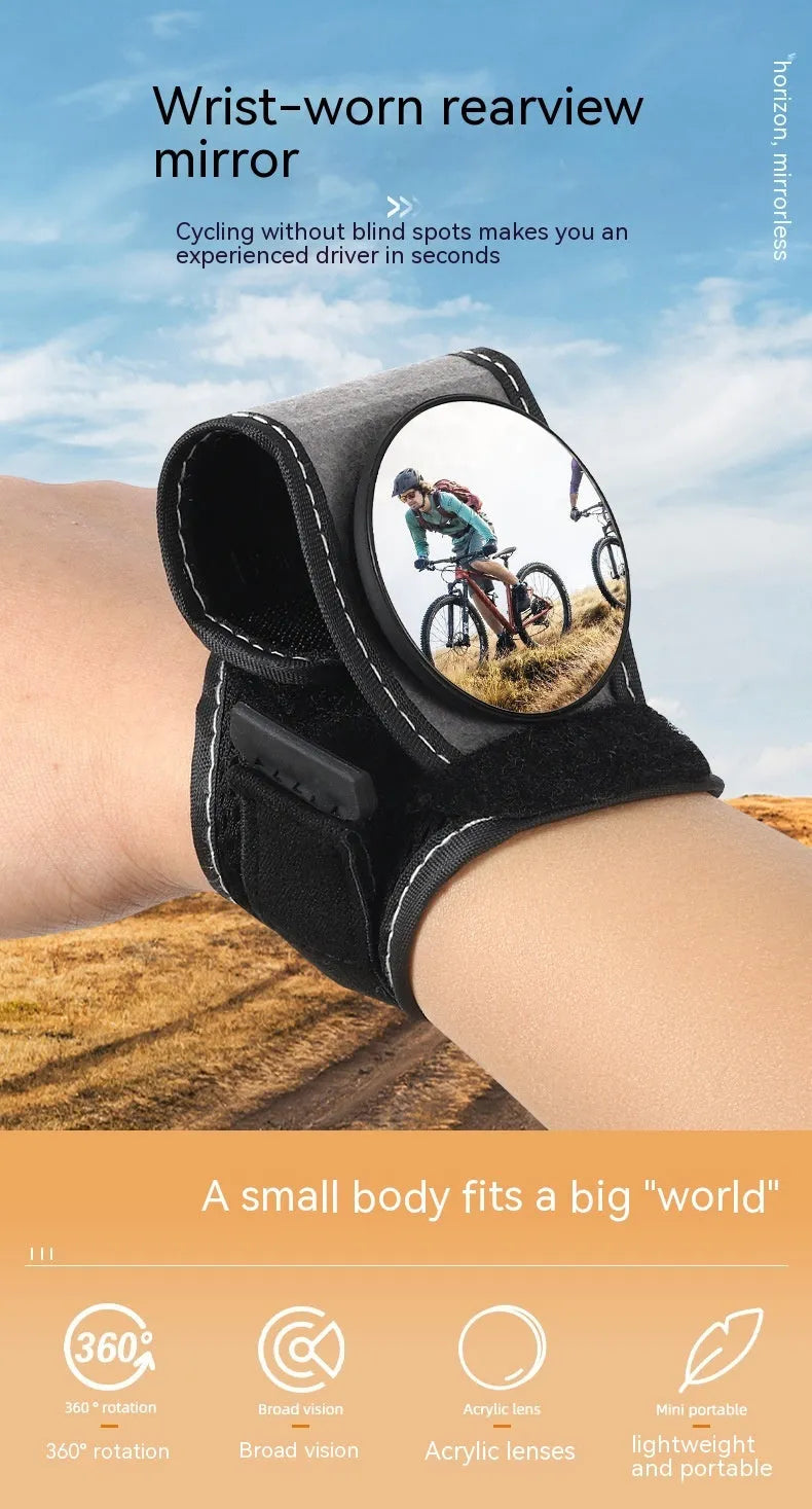 Black wrist-mounted bicycle rear-view mirror showing nylon construction and adjustable viewing angle