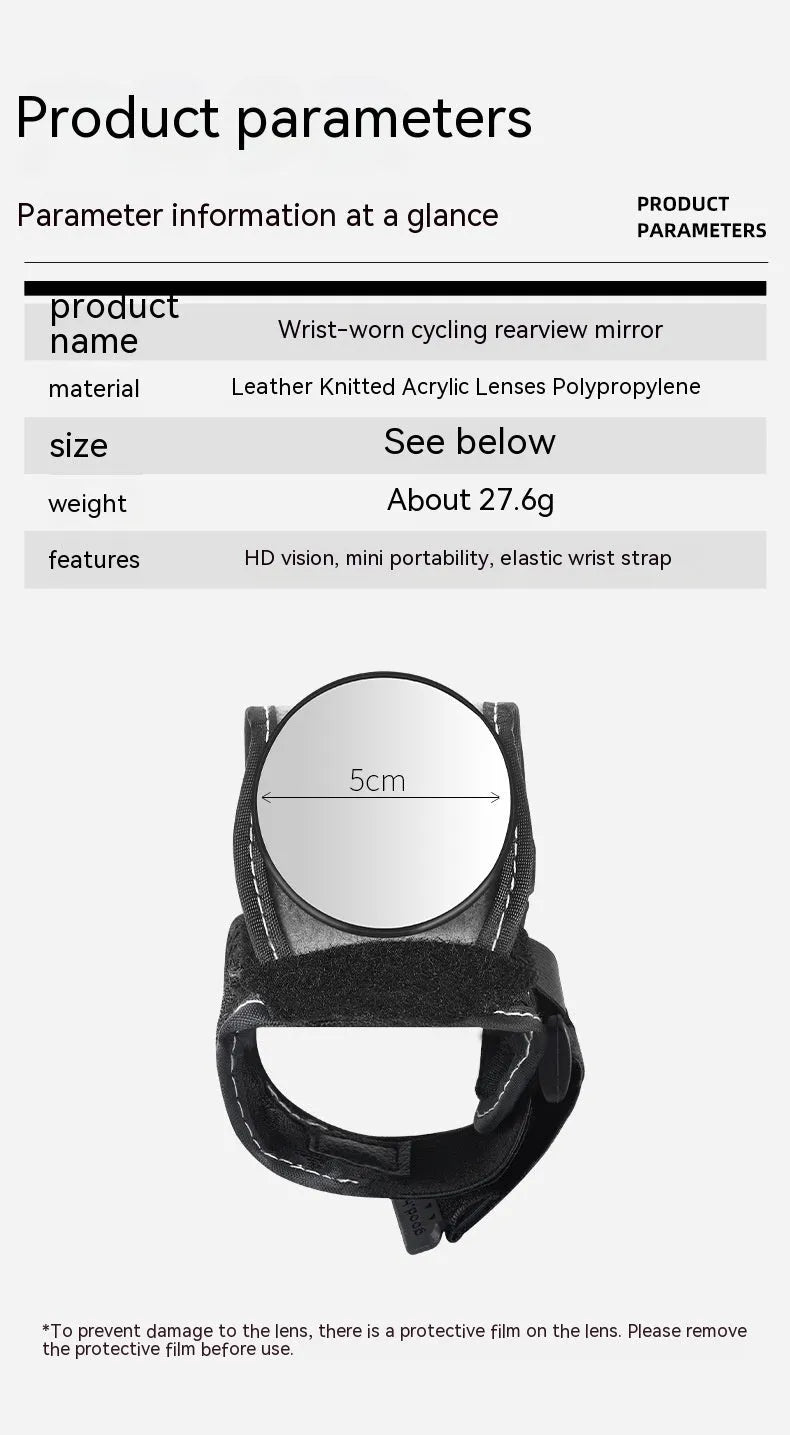 Black wrist-mounted bicycle rear-view mirror showing nylon construction and adjustable viewing angle