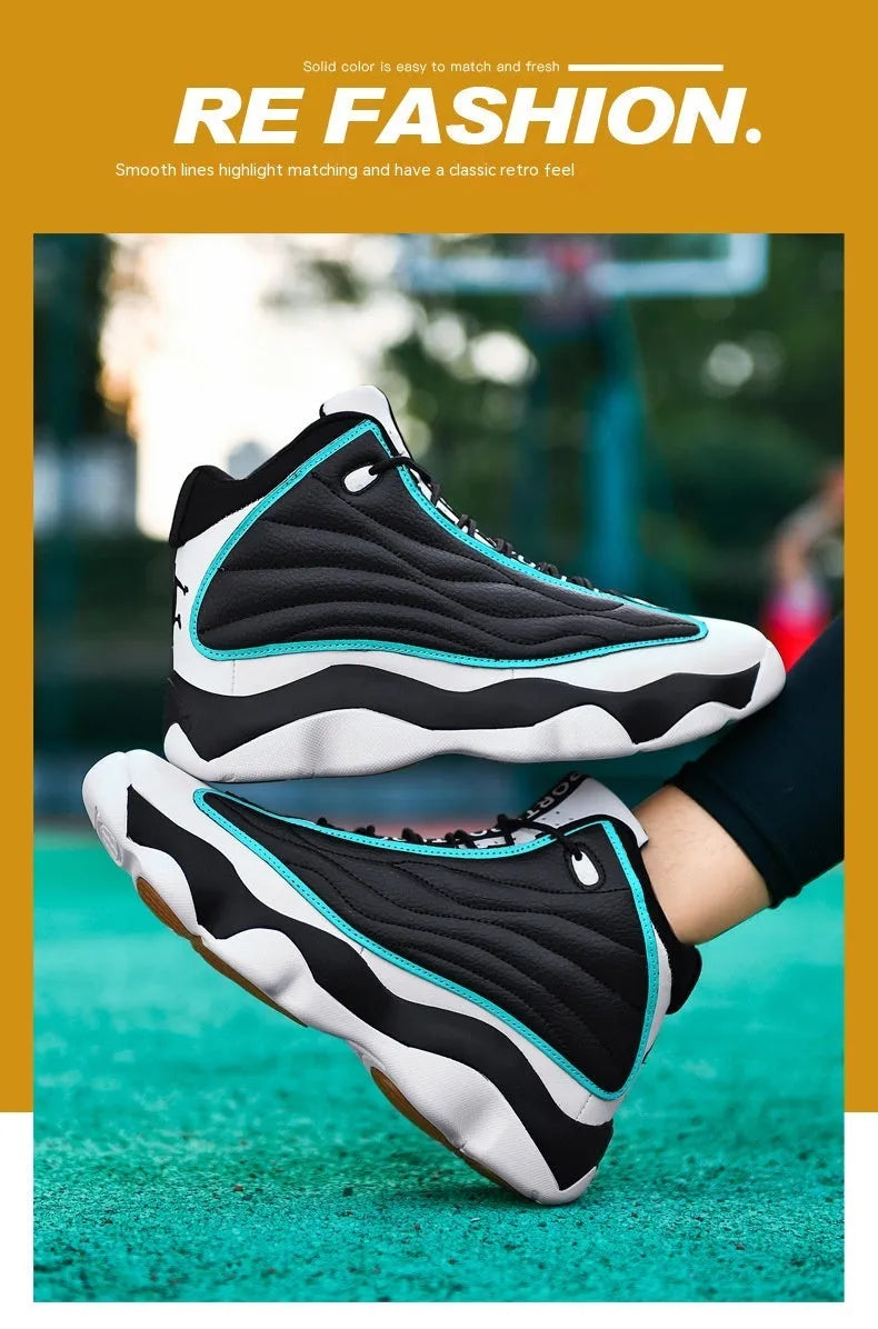 Men's high-top mesh basketball shoes with thick rubber sole in AJ13 white red colourway