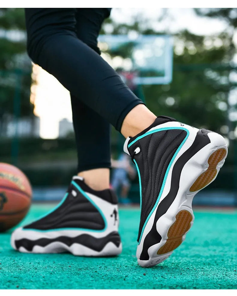 Men's high-top mesh basketball shoes with thick rubber sole in AJ13 white red colourway