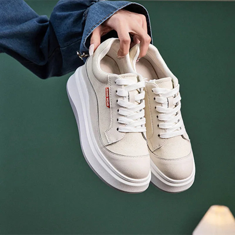 Women's pink and beige leather board shoes with thick height-increasing soles, shown in sizes 31-40.