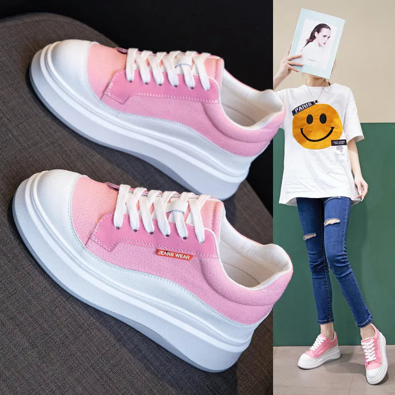 Women's pink and beige leather board shoes with thick height-increasing soles, shown in sizes 31-40.