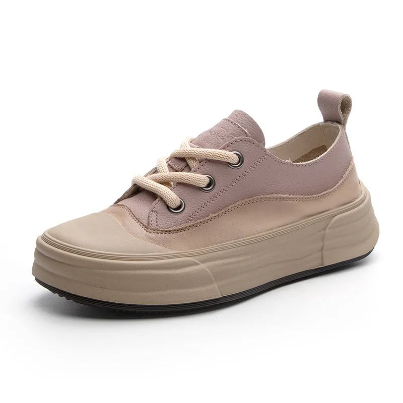 Women's leather casual platform sneakers in matcha green, showing lace-up front and round toe design.