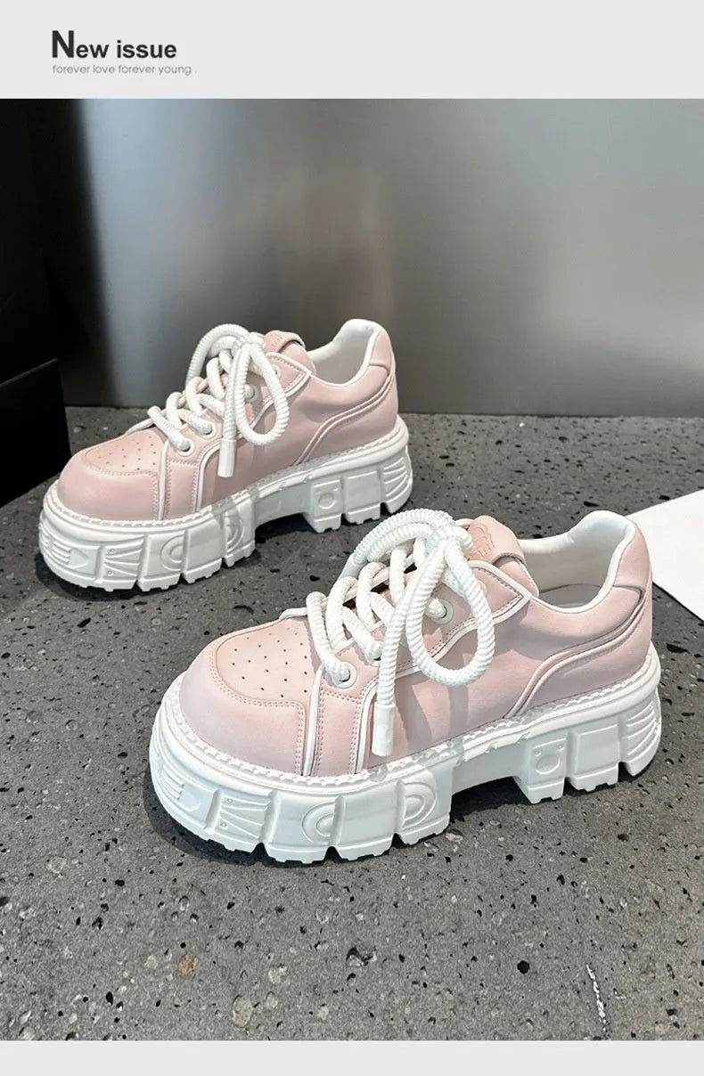 Women's leather casual shoes with spring muffin bottom design in beige or pink colours