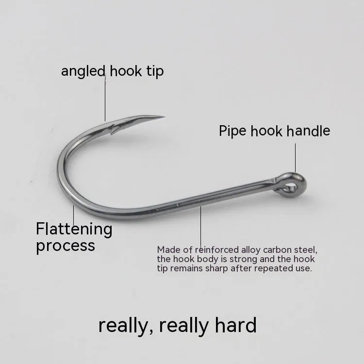 Barbed crooked mouth fishing hooks with hole rings for sea rock fishing, made from alloy carbon steel.