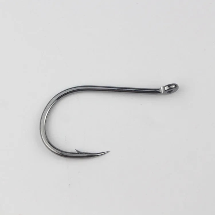Barbed crooked mouth fishing hooks with hole rings for sea rock fishing, made from alloy carbon steel.