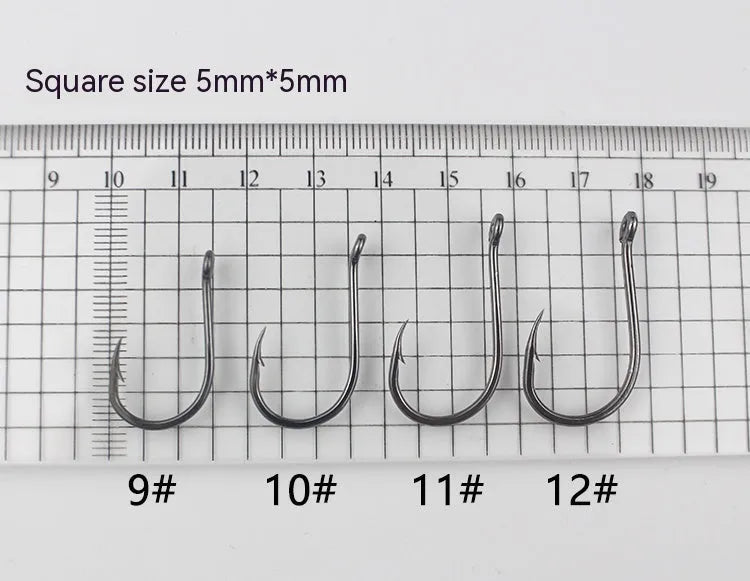 Barbed crooked mouth fishing hooks with hole rings for sea rock fishing, made from alloy carbon steel.