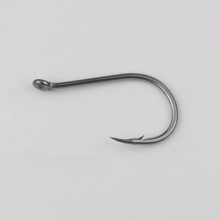 Barbed crooked mouth fishing hooks with hole rings for sea rock fishing, made from alloy carbon steel.