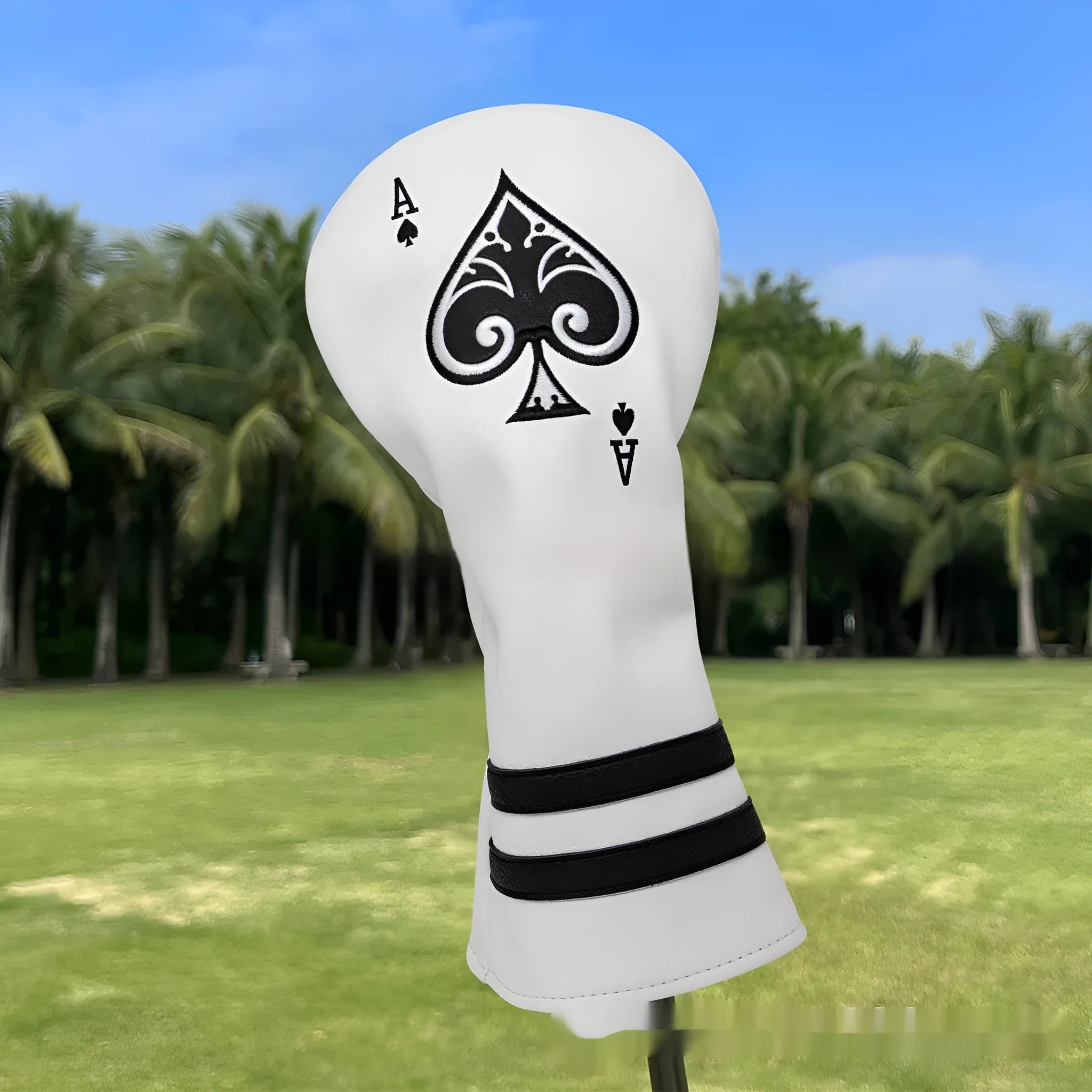 A PU golf putter sleeve in one of three colours, designed to cover a putter head and shaft.