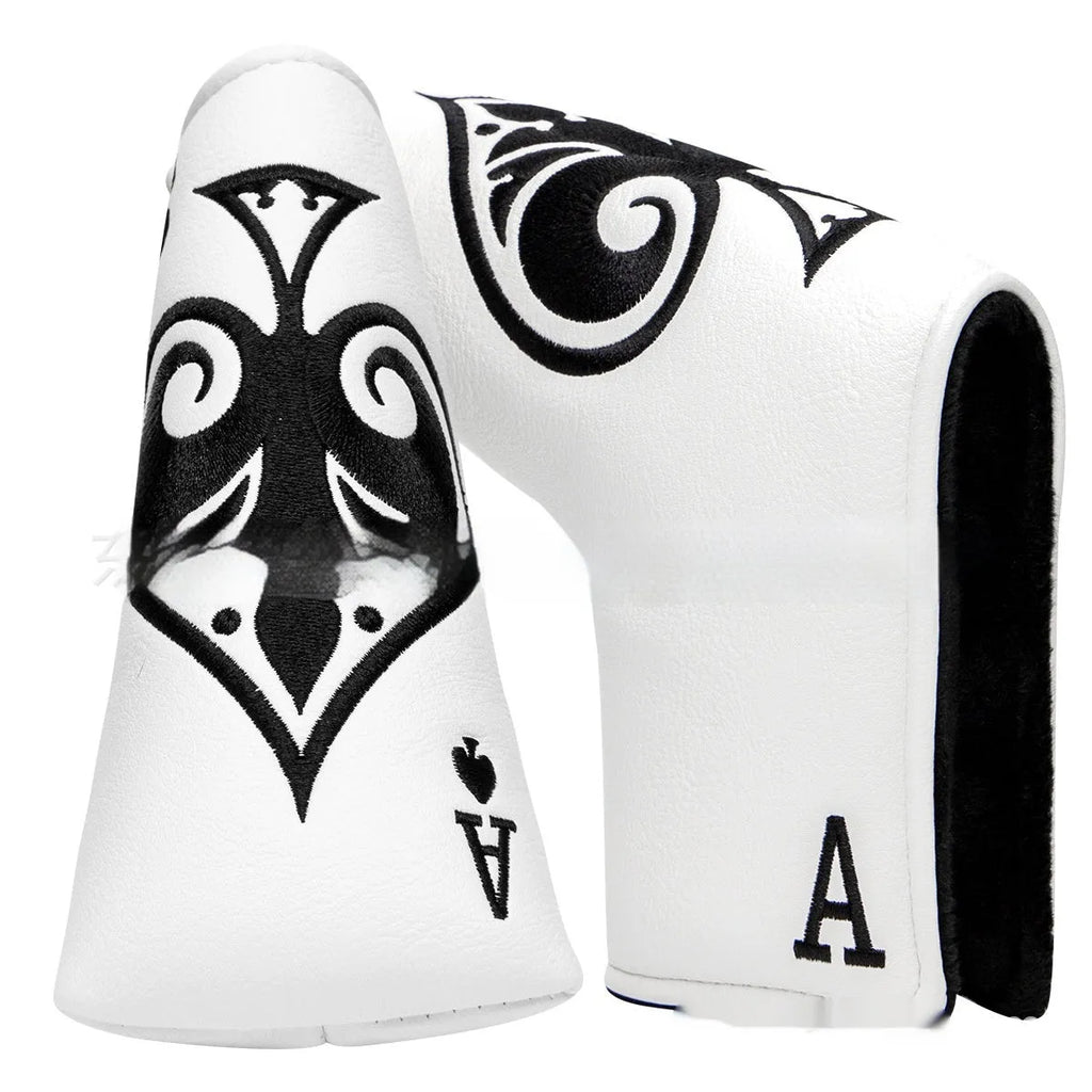 A PU golf putter sleeve in one of three colours, designed to cover a putter head and shaft.