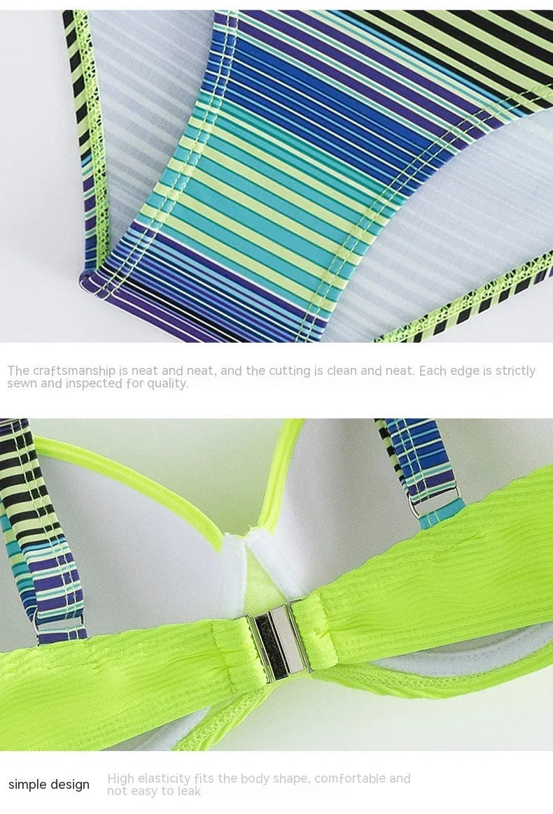 Green women's halter bikini set with sleeveless top and split briefs on a mannequin.