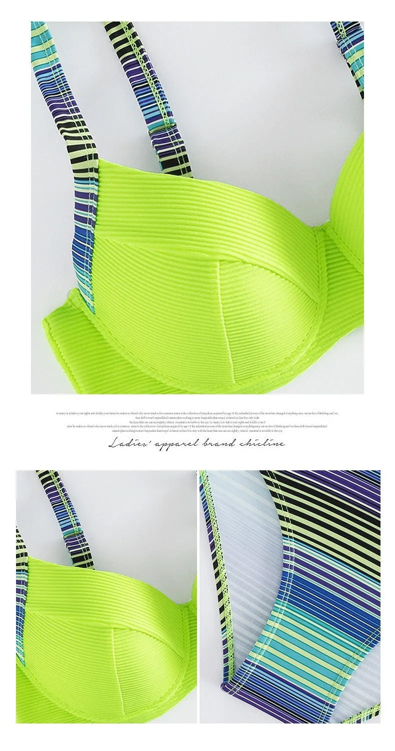 Green women's halter bikini set with sleeveless top and split briefs on a mannequin.
