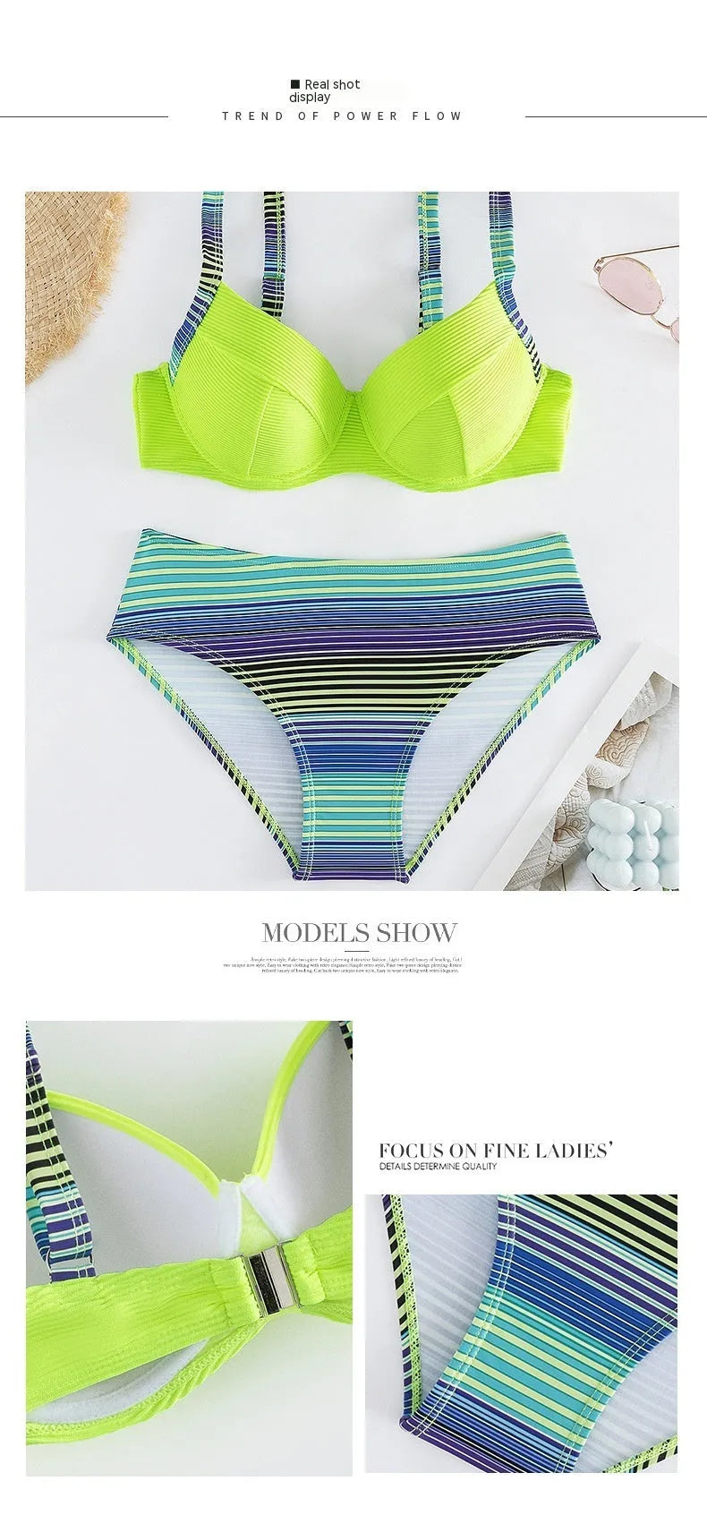 Green women's halter bikini set with sleeveless top and split briefs on a mannequin.