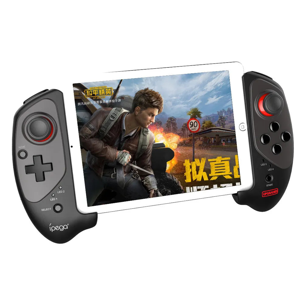 Red telescopic Bluetooth gamepad controller extended with a phone inserted, showing USB cable.