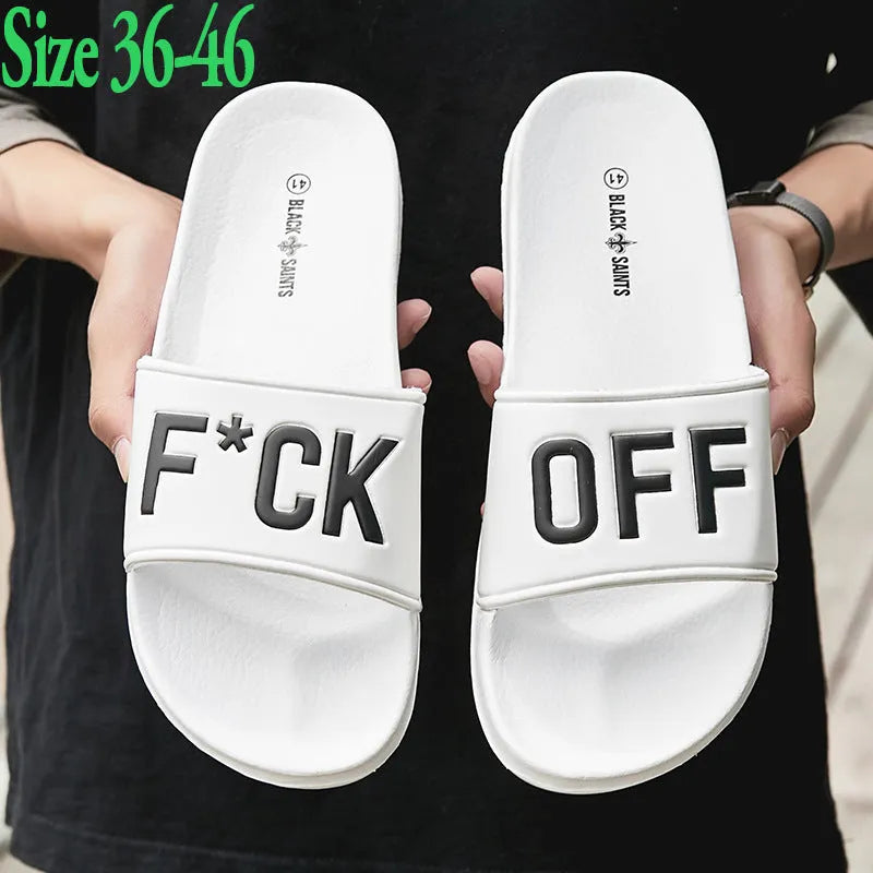 Men's personalised open toe slippers with rubber soles available in black and white colours