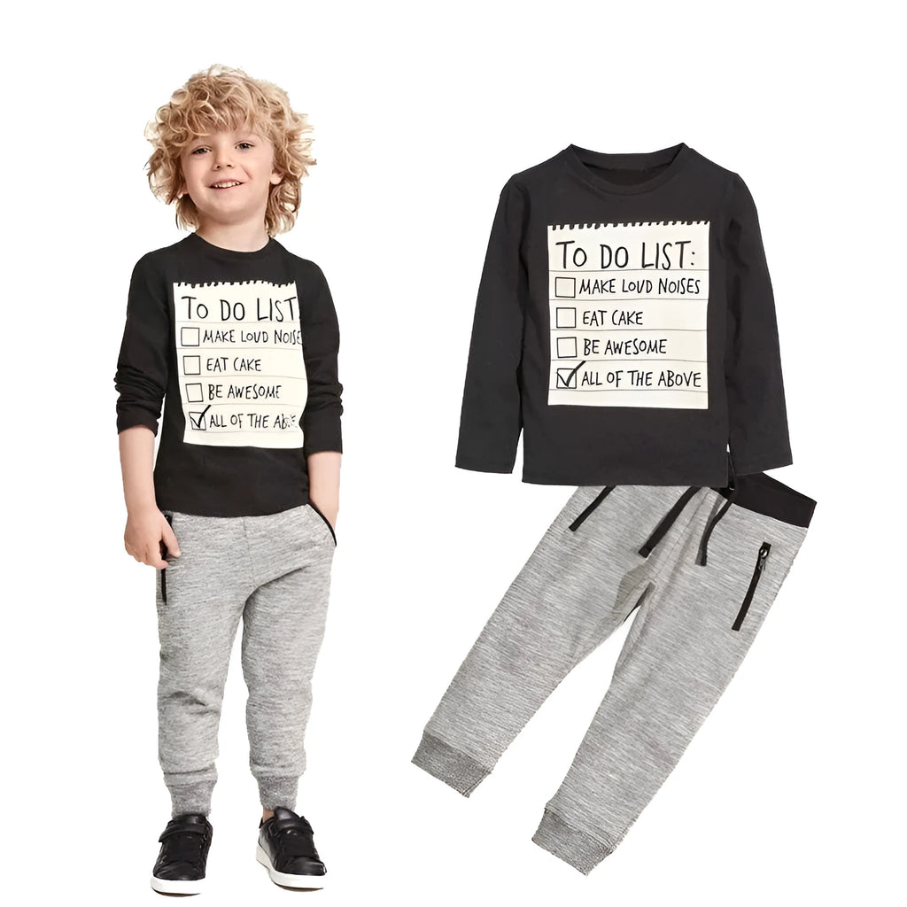 Boys cotton two-piece clothing set with long sleeves and letter pattern
