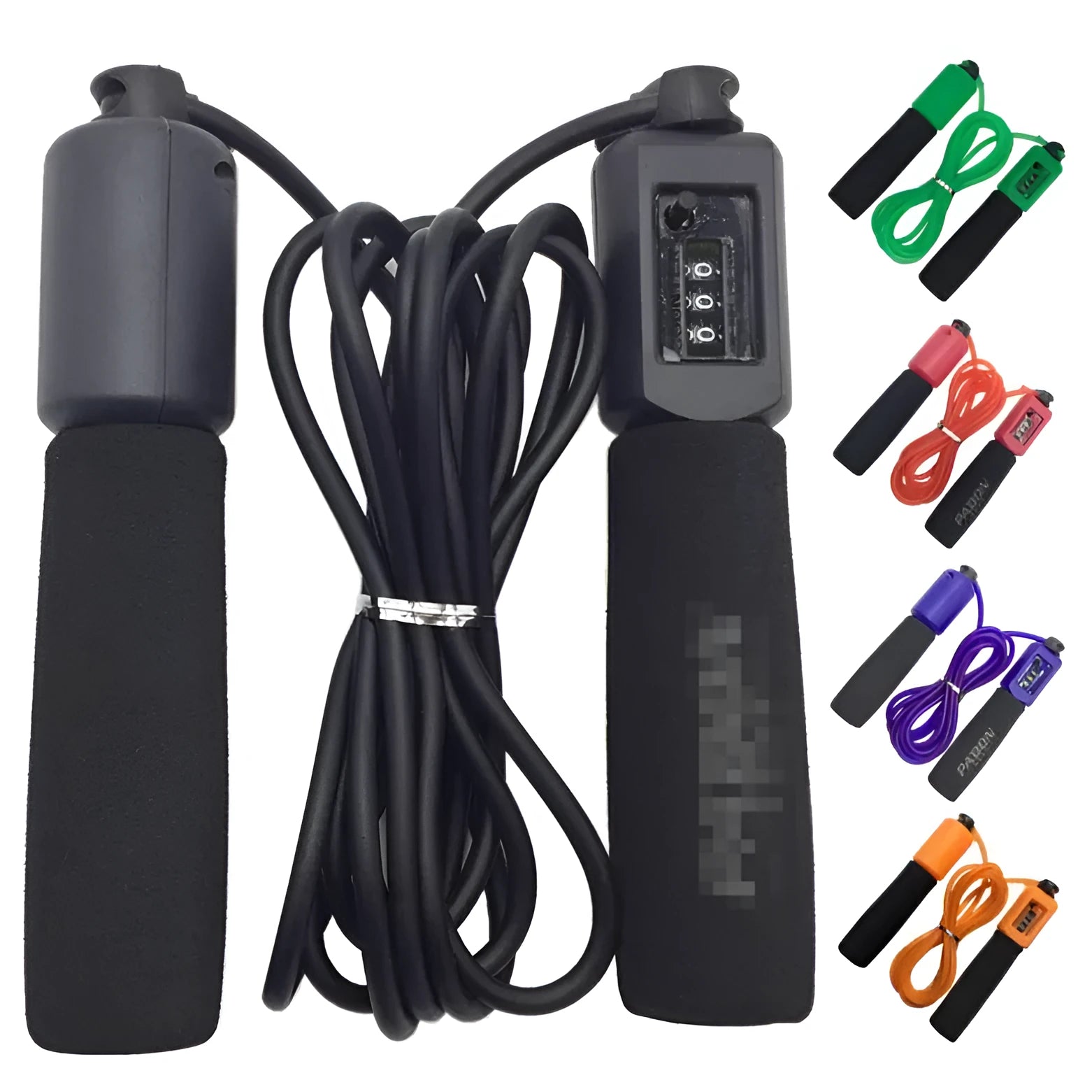 Black and blue skipping rope with sponge handles laid straight to show its 3-metre length.