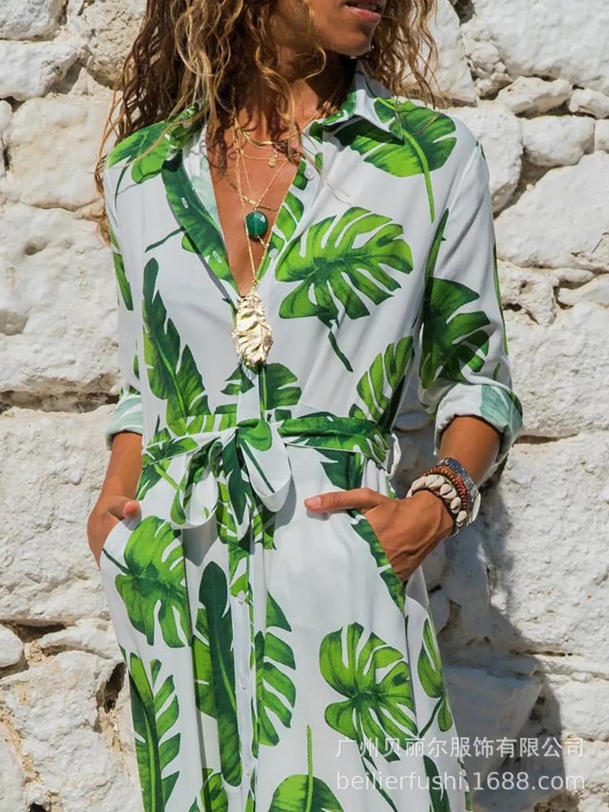 Women's Madrid Vintage print chiffon A-line dress with high waist and V-neck.