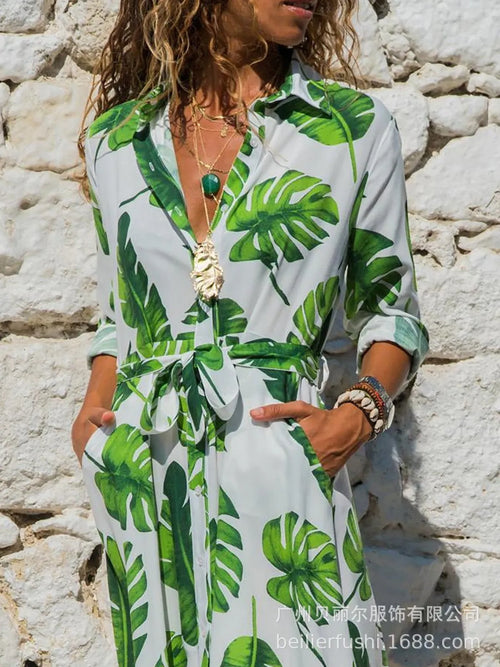 Women's Madrid Vintage print chiffon A-line dress with high waist and V-neck.