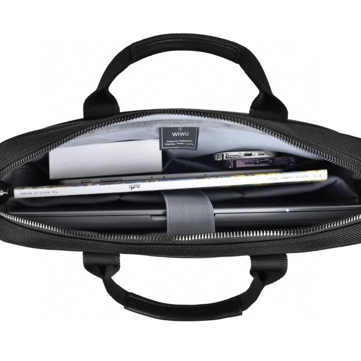 Black Oxford cloth laptop backpack showing multi-pocket design and lock closure, sized for 14 or 15.6 inch devices.