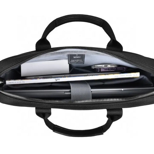 Black Oxford cloth laptop backpack showing multi-pocket design and lock closure, sized for 14 or 15.6 inch devices.