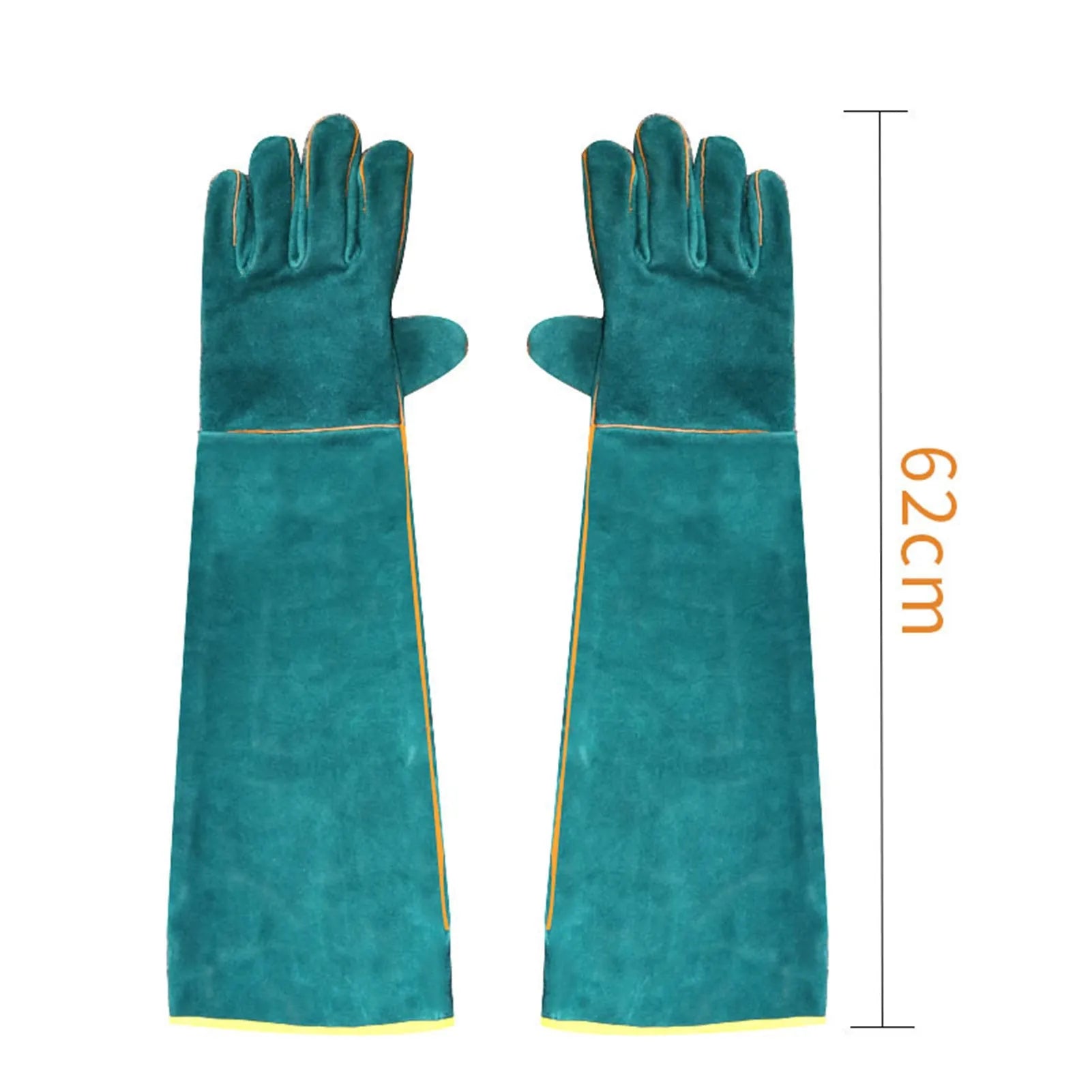 Dark green cowhide leather animal handling gloves with extended sleeve cuffs for bite protection.