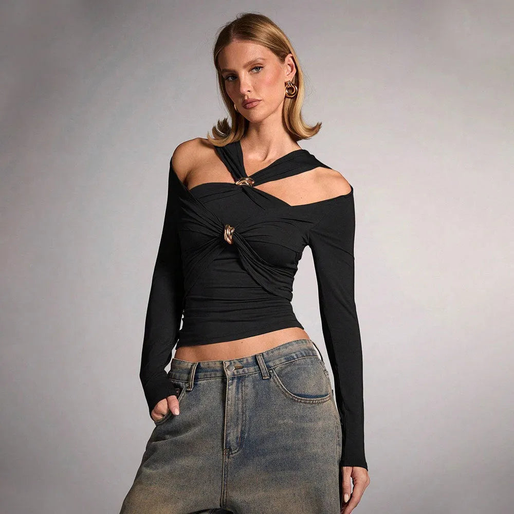 Black women's slim fit halter top with long sleeves and a strapless V-neck design.