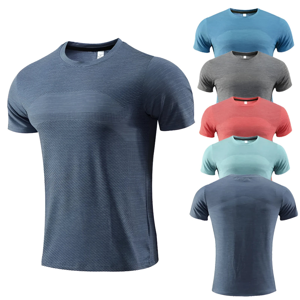 Short sleeve basketball and running t-shirt in polyester spandex fabric on a white background.
