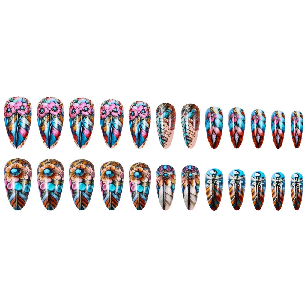 Colourful feather armour nail art designs with retro cartoon floral butterfly and heart patterns