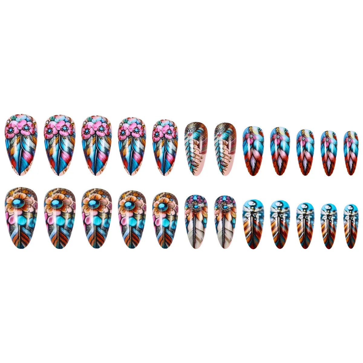 Colourful feather armour nail art designs with retro cartoon floral butterfly and heart patterns