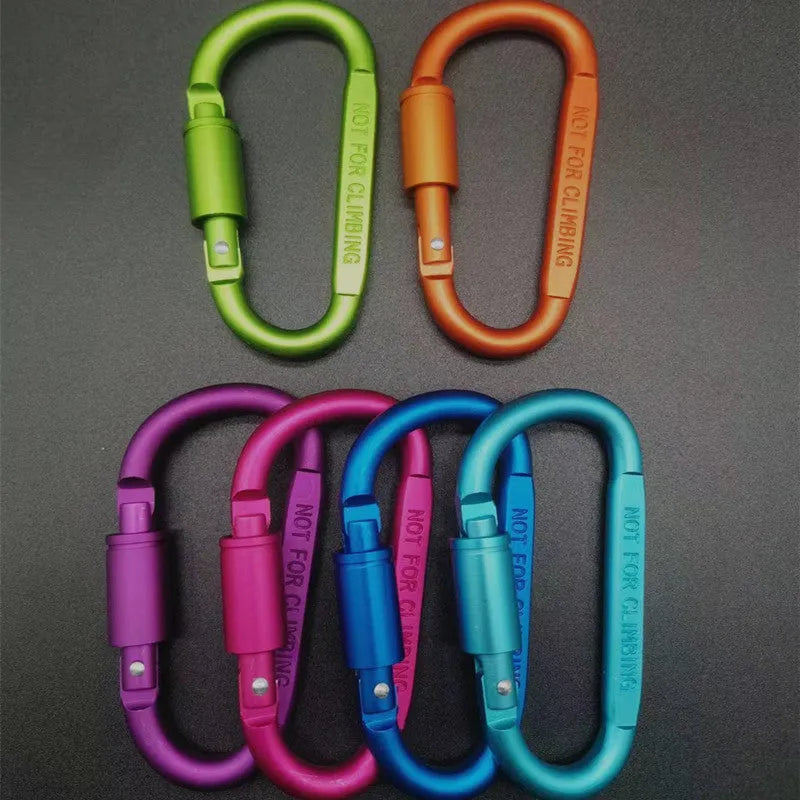 Aluminium D-shaped locking climbing carabiner with a flat 8cm design shown in silver.