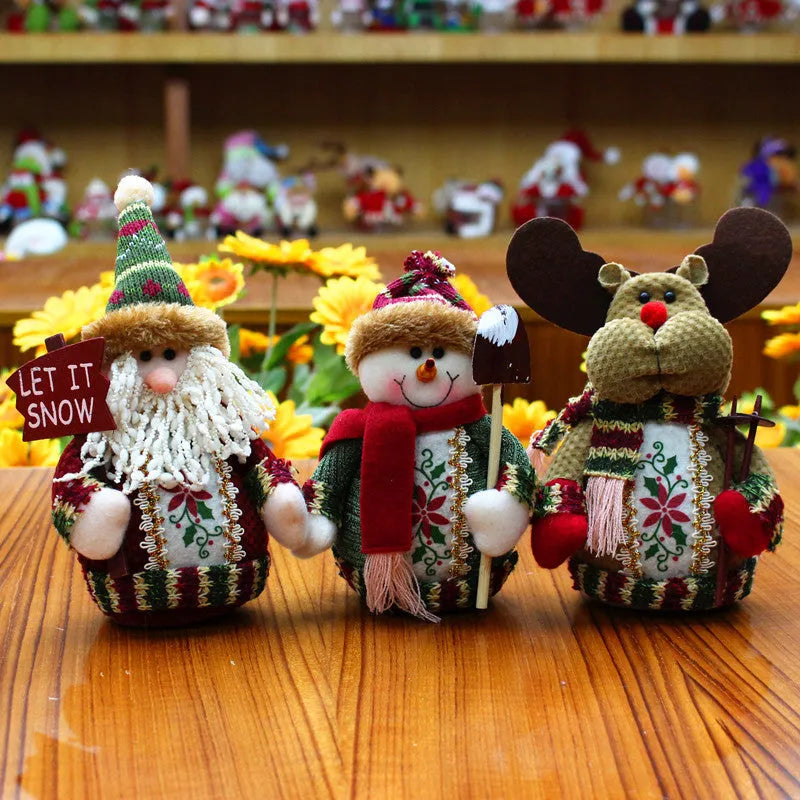 Flannel Christmas decorations set showing snowman, elk, and old man designs in red, green, and white colours