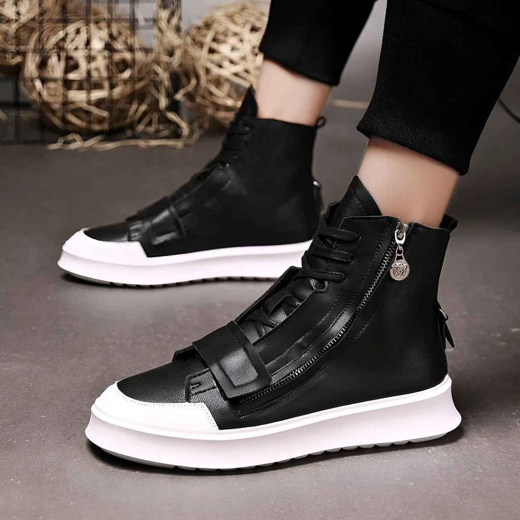 Men's black and white high-top sneaker style ankle boots made from PU leather microfiber for winter.