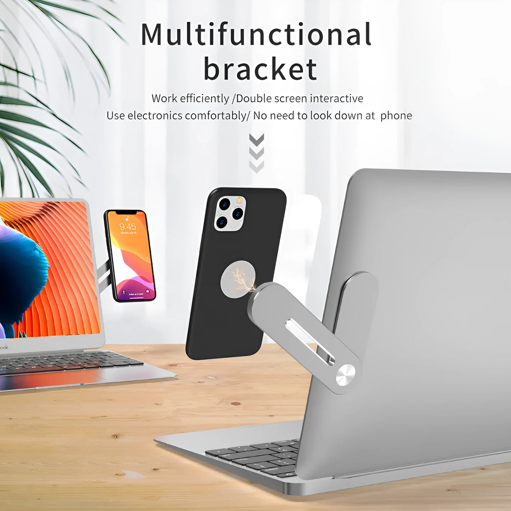 Silver aluminium laptop bracket holding a smartphone next to a laptop screen.