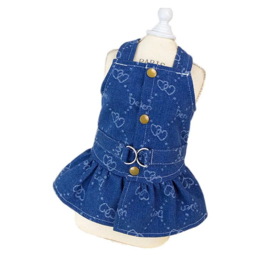 Teddy Bichon dog wearing a thin HNXD denim princess dress with a bracket skirt design.