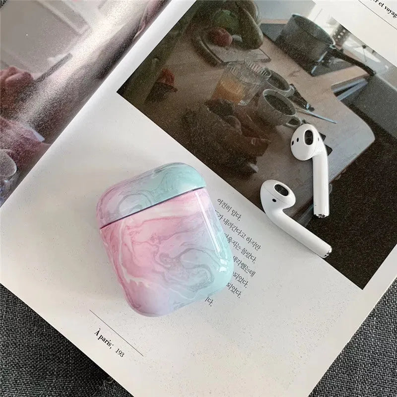 White Marble hard PC protective case cover for Apple AirPods 1 and 2 charging box.