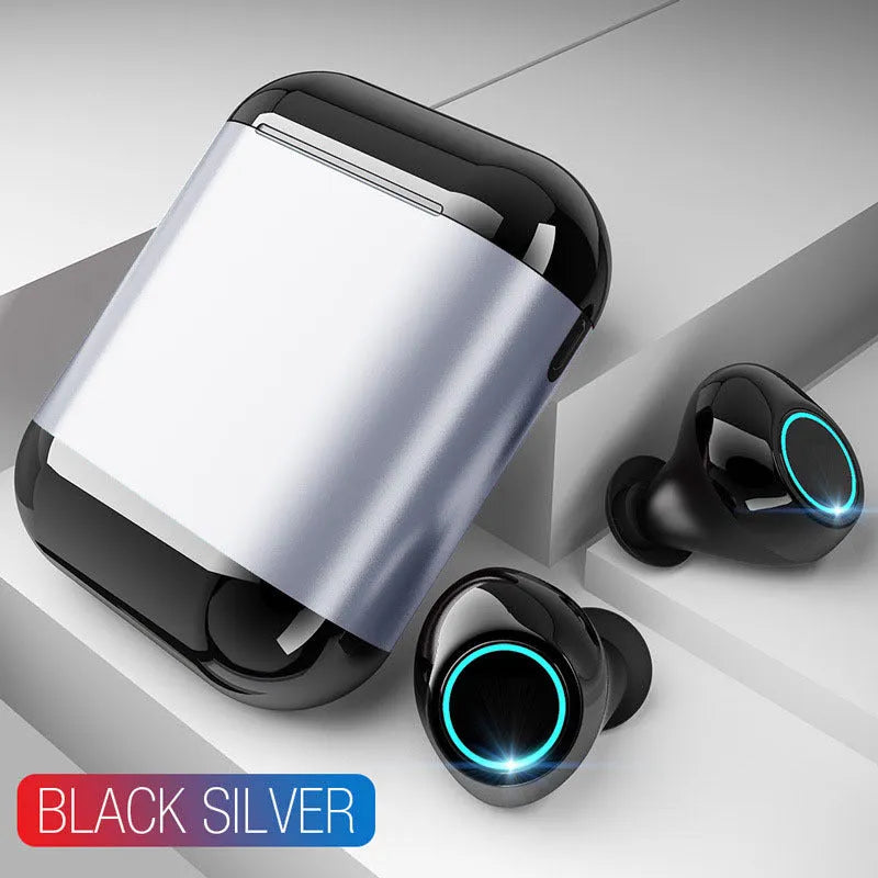 Black TWS Bluetooth wireless earpluds with charging case on a grey background.